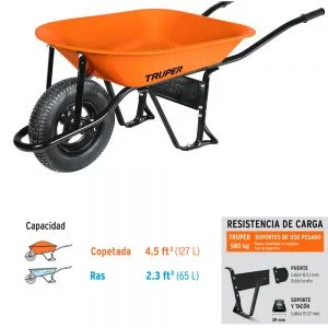 TRUPER Carretilla naranja rueda neumática-65LT